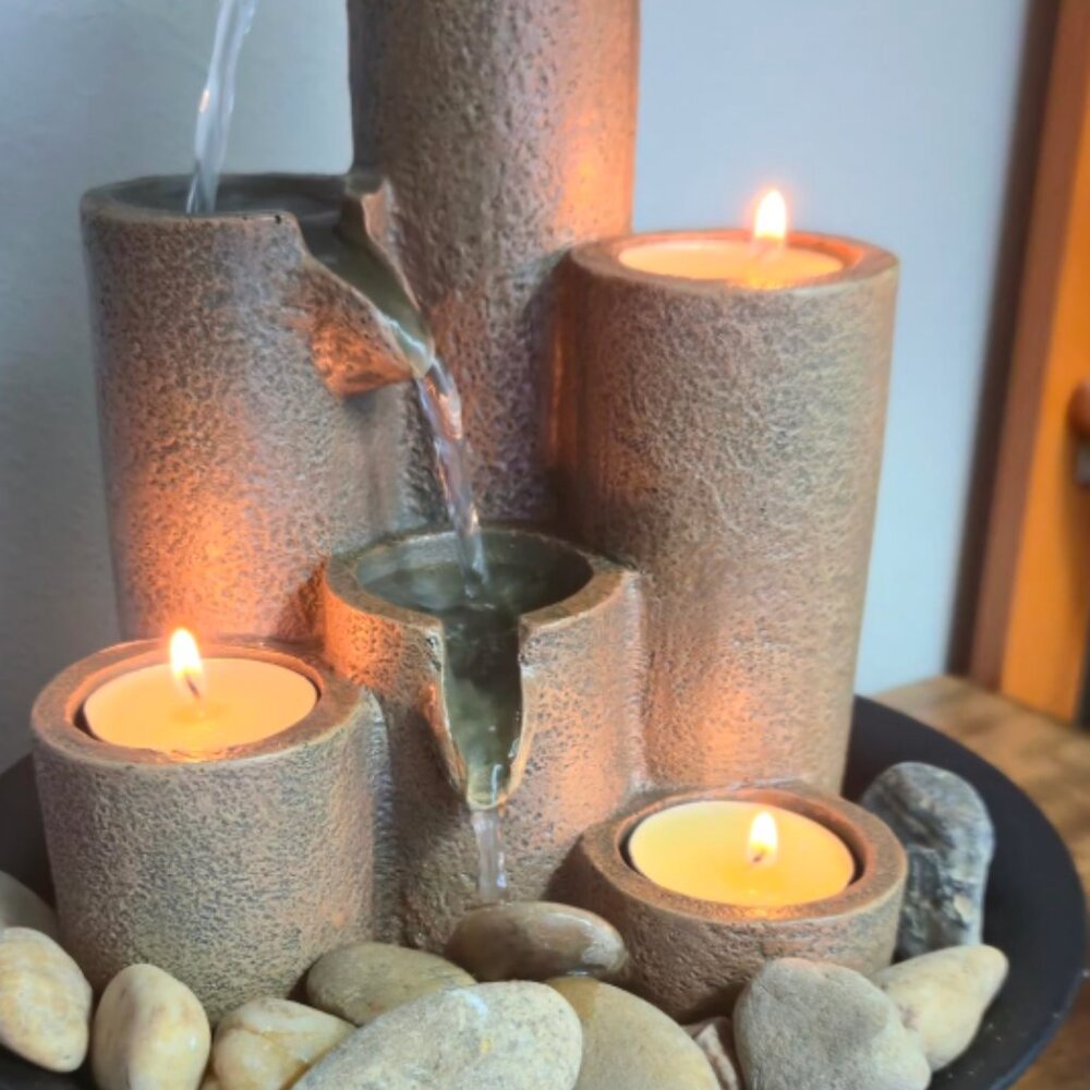 Indoor Tabletop Tiered Water Fountain with 3 Candles for Living Room Kitchen